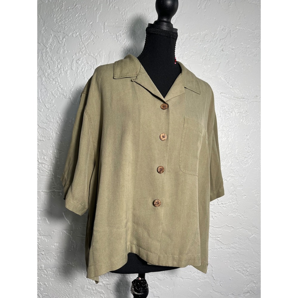 Tommy Bahama 100% Silk Olive Oversized Camp Shirt Blouse Size L